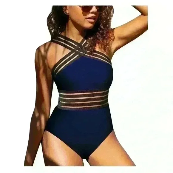 NWT Hilor navy blue Front Crossover One Piece Swimsuit Women’s Large Size 10-12 - Picture 3 of 8